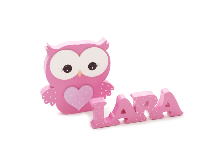 Drveno ukrasno ime za devojčice pink boje Lara i sovica